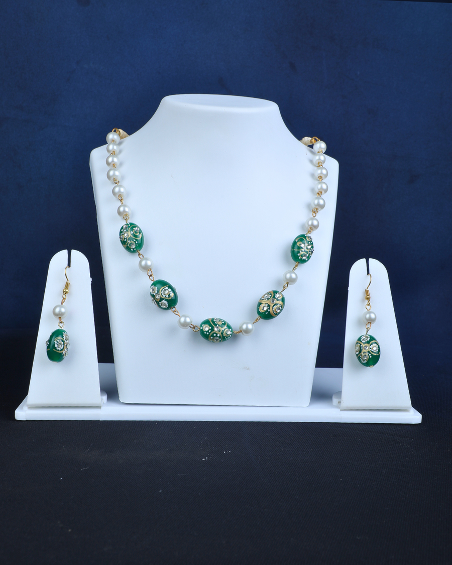 white moti and  green beads  minakari jewellery