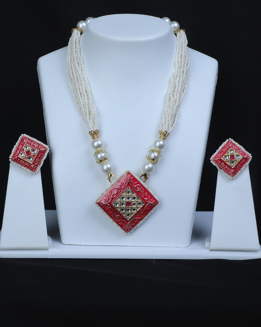 White moti and red pandal minakari  jewellery