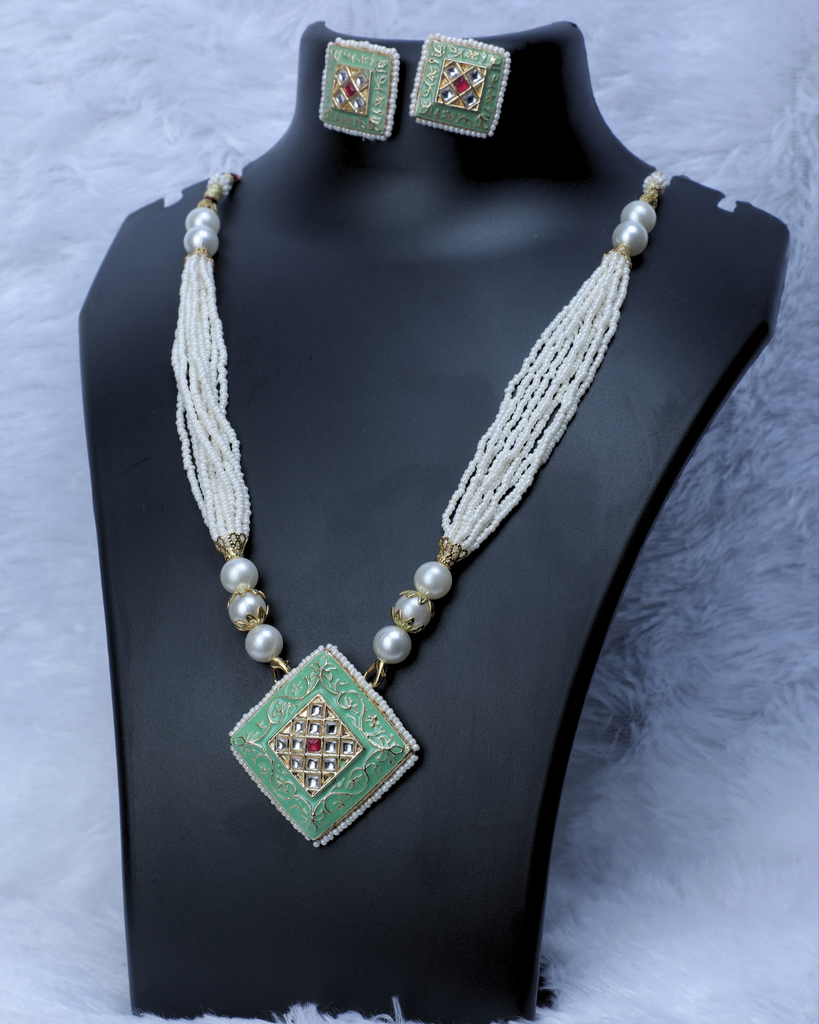white moti and green pendal  minakari jewellery
