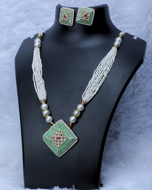white moti and green pendal  minakari jewellery