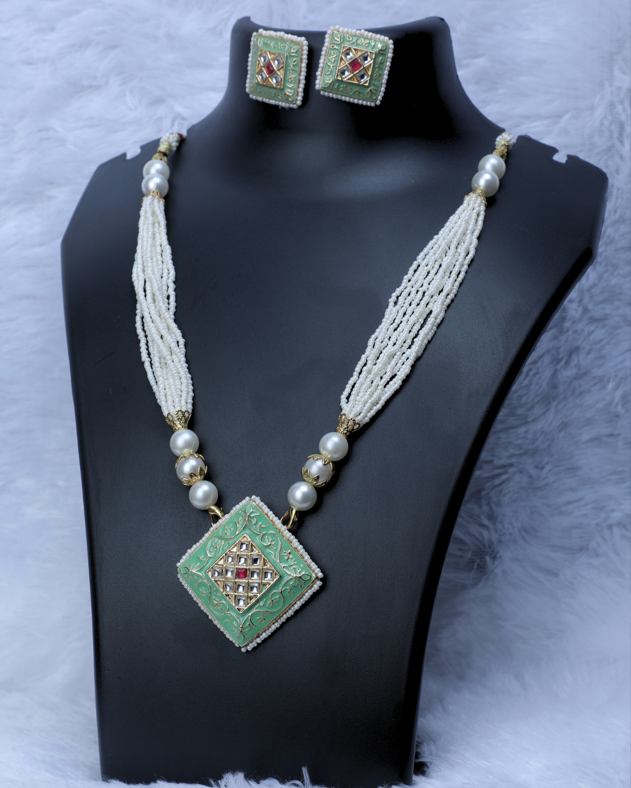 white moti and green pendal  minakari jewellery